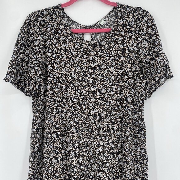 Aerie Size M Black Floral Print Short Sleeve Tiered Midi Dress Boho Peasant - Picture 6 of 13